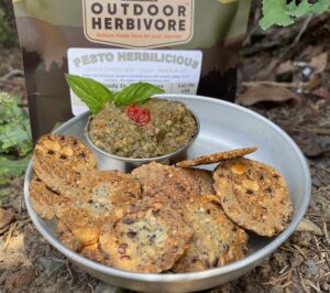 vegan pesto mix with crackers by outdoor herbivore  