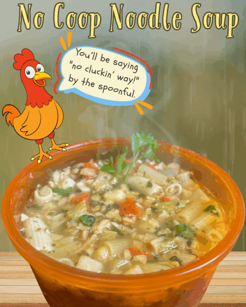 Happy chicken resting on bowl of vegetarian chicken noodle soup.