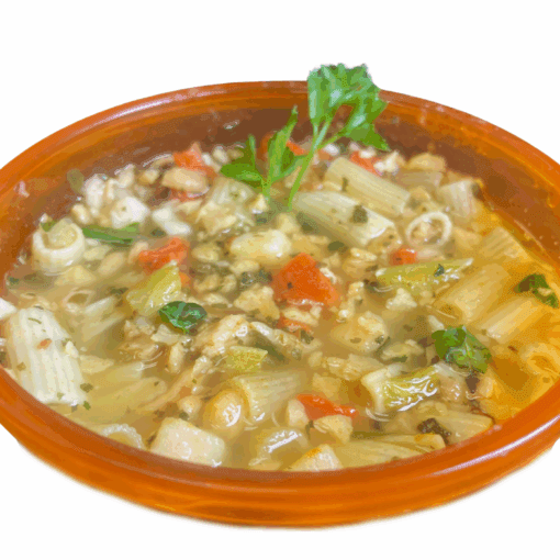 Vegan chicken noodle backpacking soup prepared in a bowl